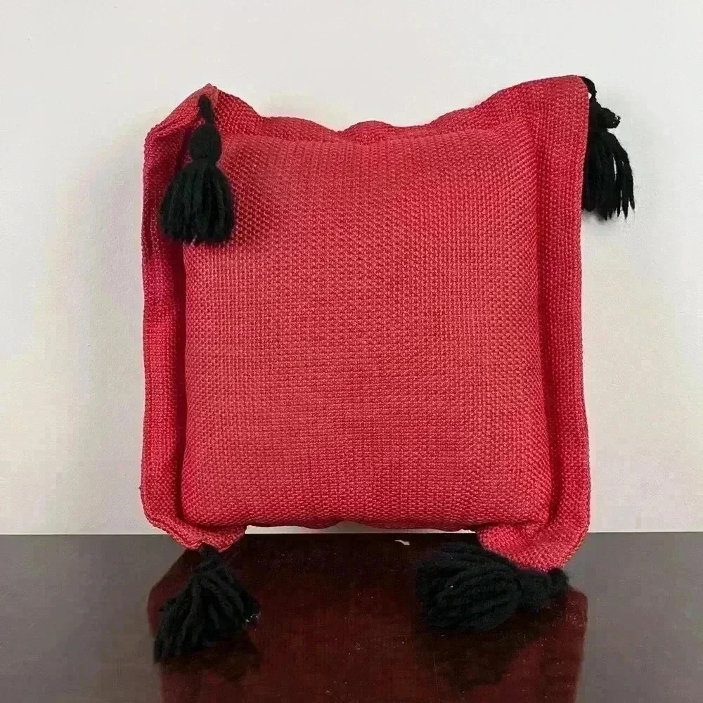 VTG Burlap Throw Pillows (2) Tassels Handmade Red And Pink Grannycore Maximalist